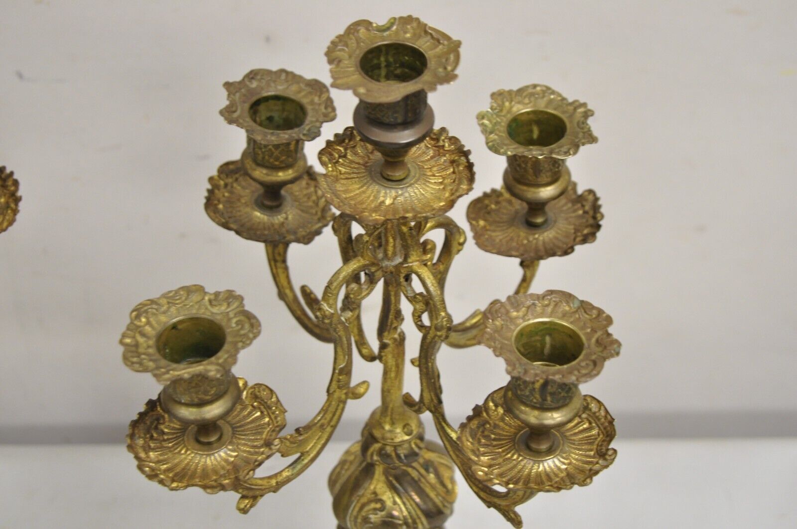 Vintage French Rococo Louis XV Style Small Ornate Brass Candelabra - a Pair