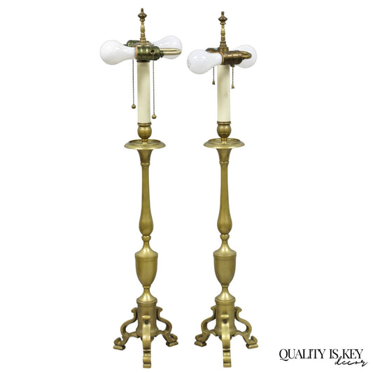Vintage Federal Style Brass Candlestick Urn Form Table Lamps, Japan - a Pair