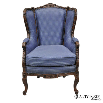 Antique French Renaissance Louis XV Style Carved Walnut Wingback Arm Chair