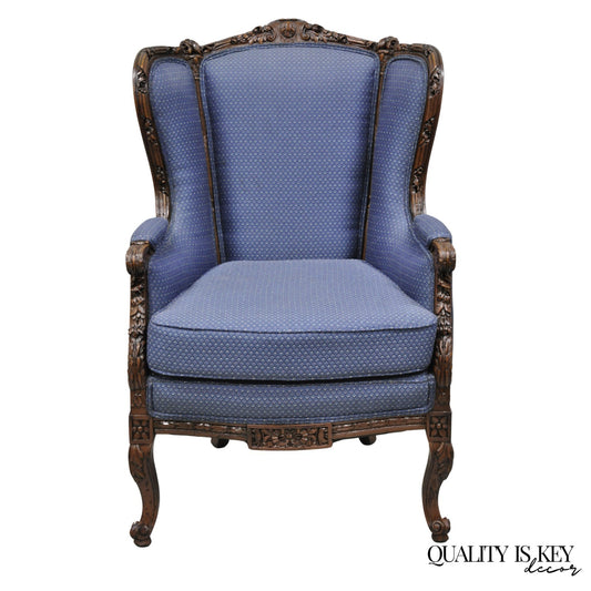 Antique French Renaissance Louis XV Style Carved Walnut Wingback Arm Chair
