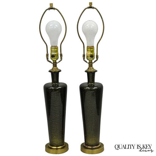 Vintage Mid Century Modern Black Glass w/ Gold Speckles Urn Table Lamps - a Pair