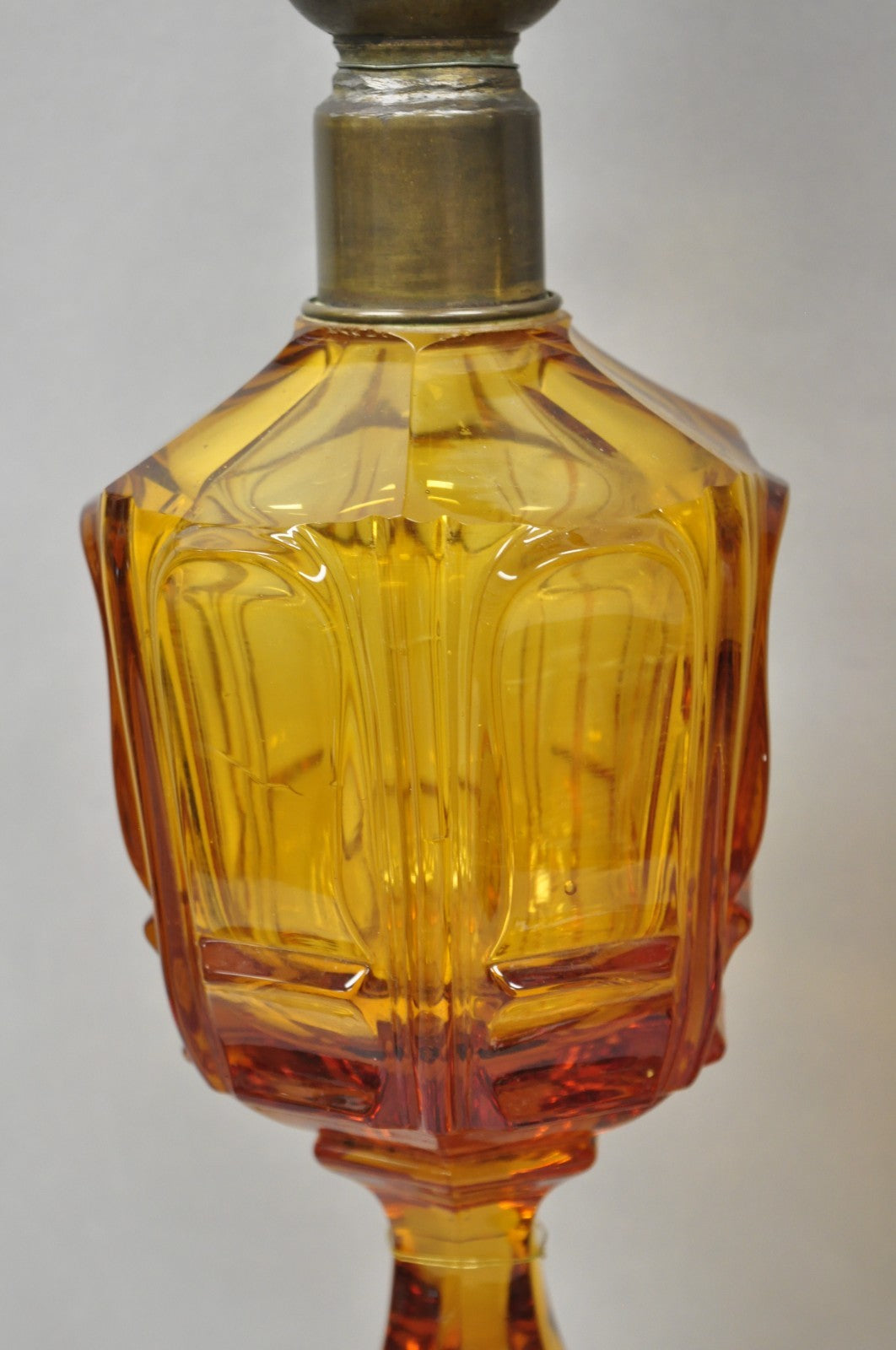 Antique French Victorian Amber Glass & Bronze Converted Oil Lamp Table Lamp Pair