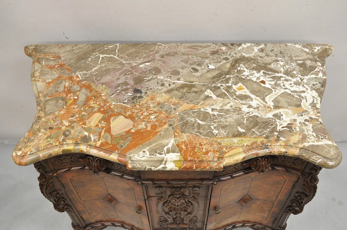 Antique French Louis XV Baroque Burl Walnut Marble Top Commode 5 Drawer Dresser