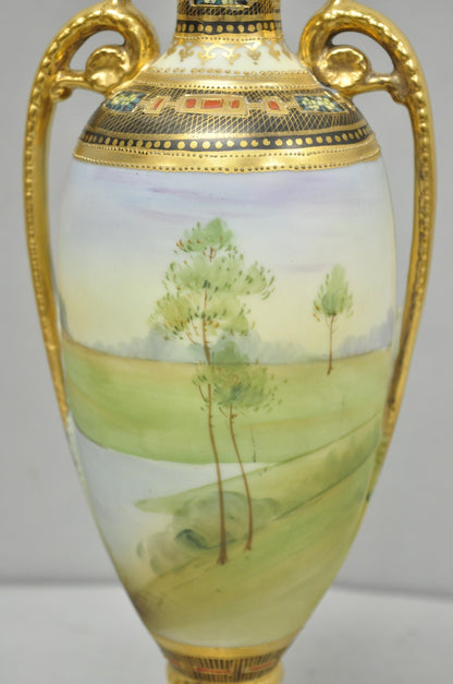 Antique Nippon Hand Painted Twin Handled Gold Gilt Lake & Swan Scene Bolted Vase