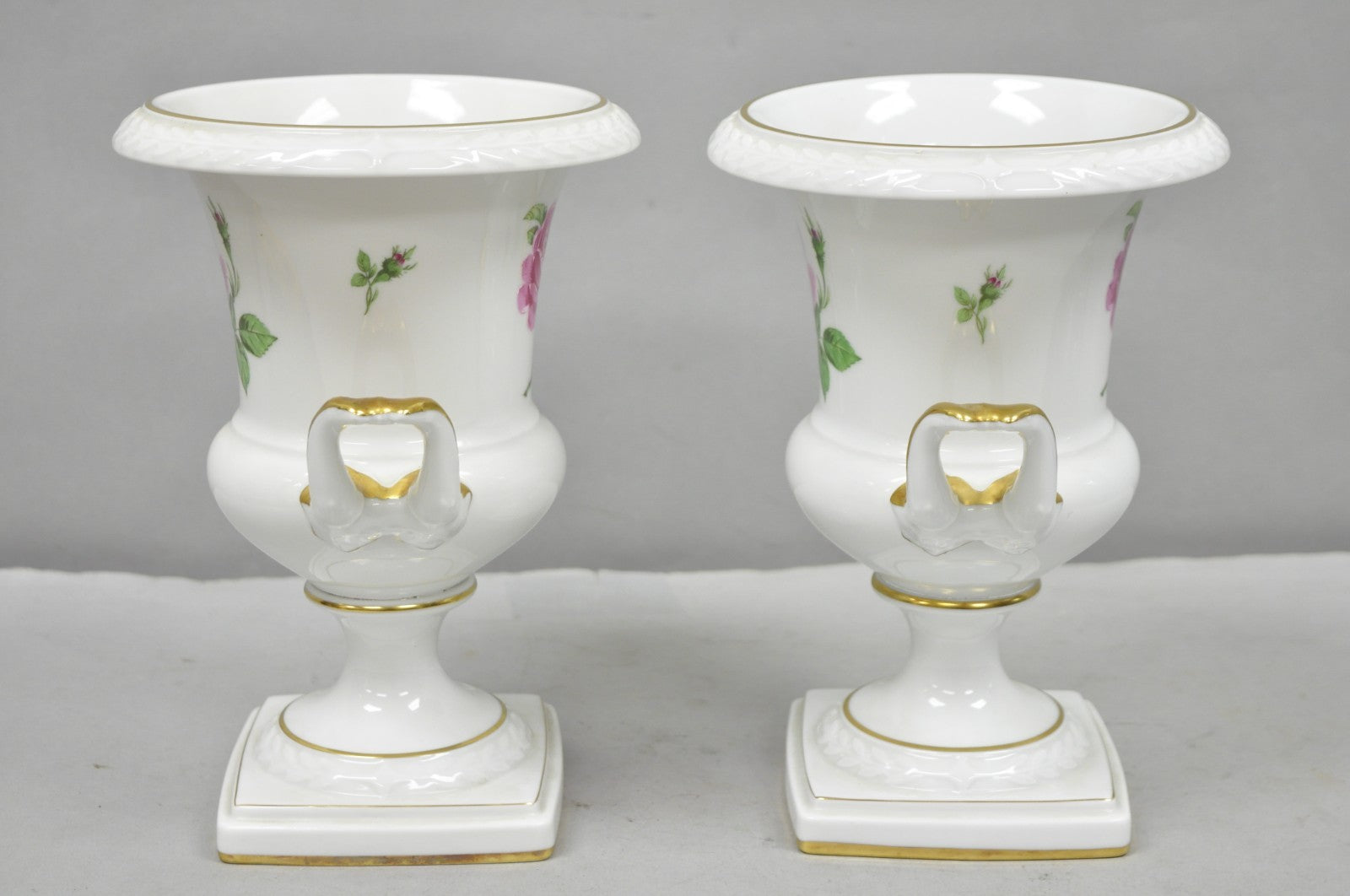Alka Alboth & Kaiser Painted French Porcelain Pink Rose Trophy Cup Urn Vase Pair