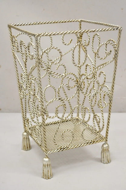 Vintage Italian Hollywood Regency Silver Iron Tassel Wastebasket Trashcan