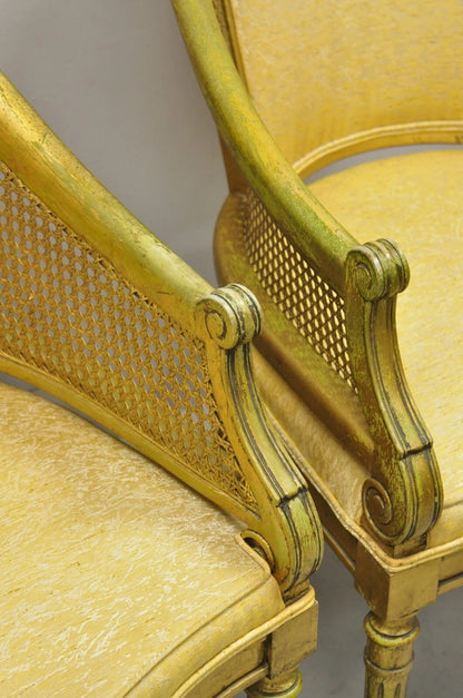 Vintage Italian Hollywood Regency Gold Gilt Barrel Back Cane Lounge Chairs, Pair