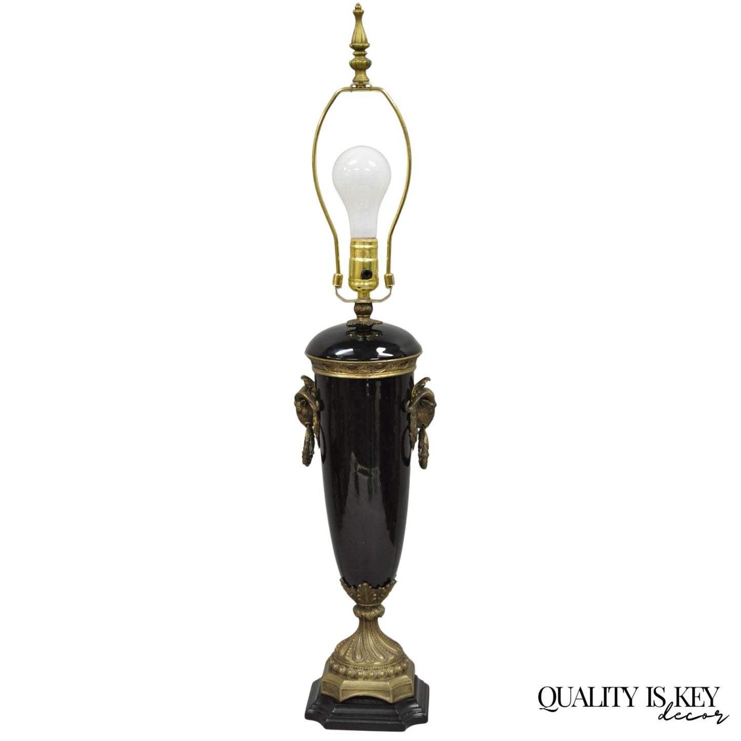 Vintage French Neoclassical Black Porcelain Urn Form Table Lamp w/Bronze Rams