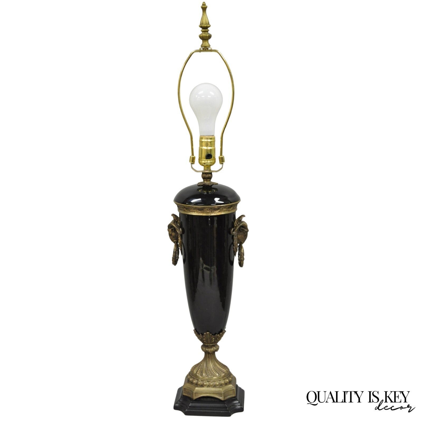 Vintage French Neoclassical Black Porcelain Urn Form Table Lamp w/Bronze Rams