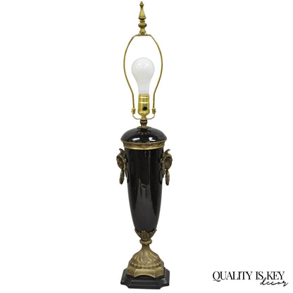Vintage French Neoclassical Black Porcelain Urn Form Table Lamp w/Bronze Rams