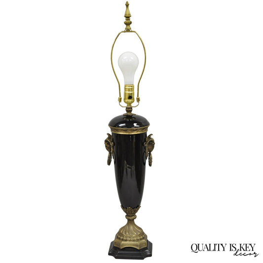 Vintage French Neoclassical Black Porcelain Urn Form Table Lamp w/Bronze Rams