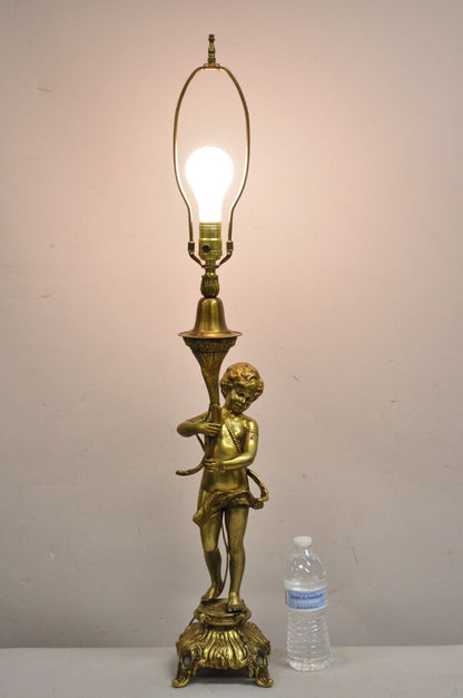 Vintage French Renaissance Brass Rococo Gold Figural Cherub Putti Table Lamp