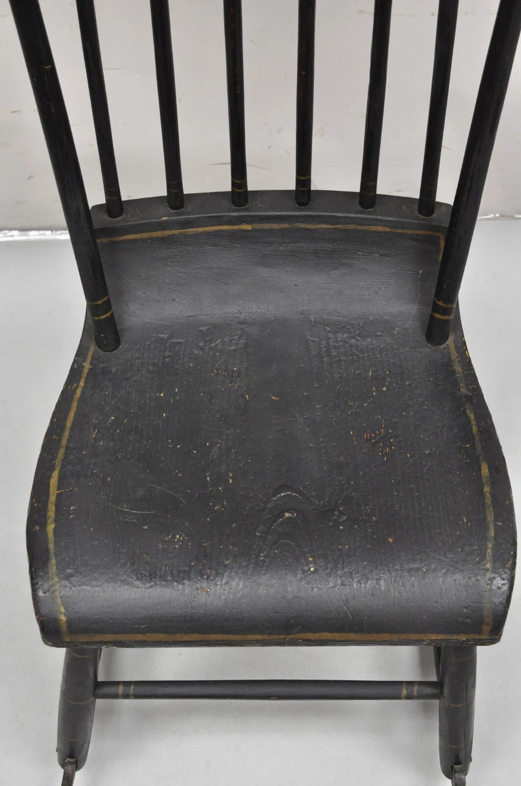 Antique Colonial Stencil Back Black Painted Plank Bottom Rocker Rocking Chair