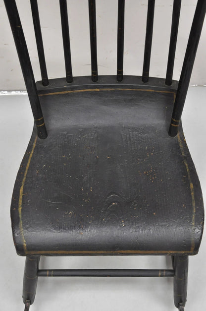 Antique Colonial Stencil Back Black Painted Plank Bottom Rocker Rocking Chair