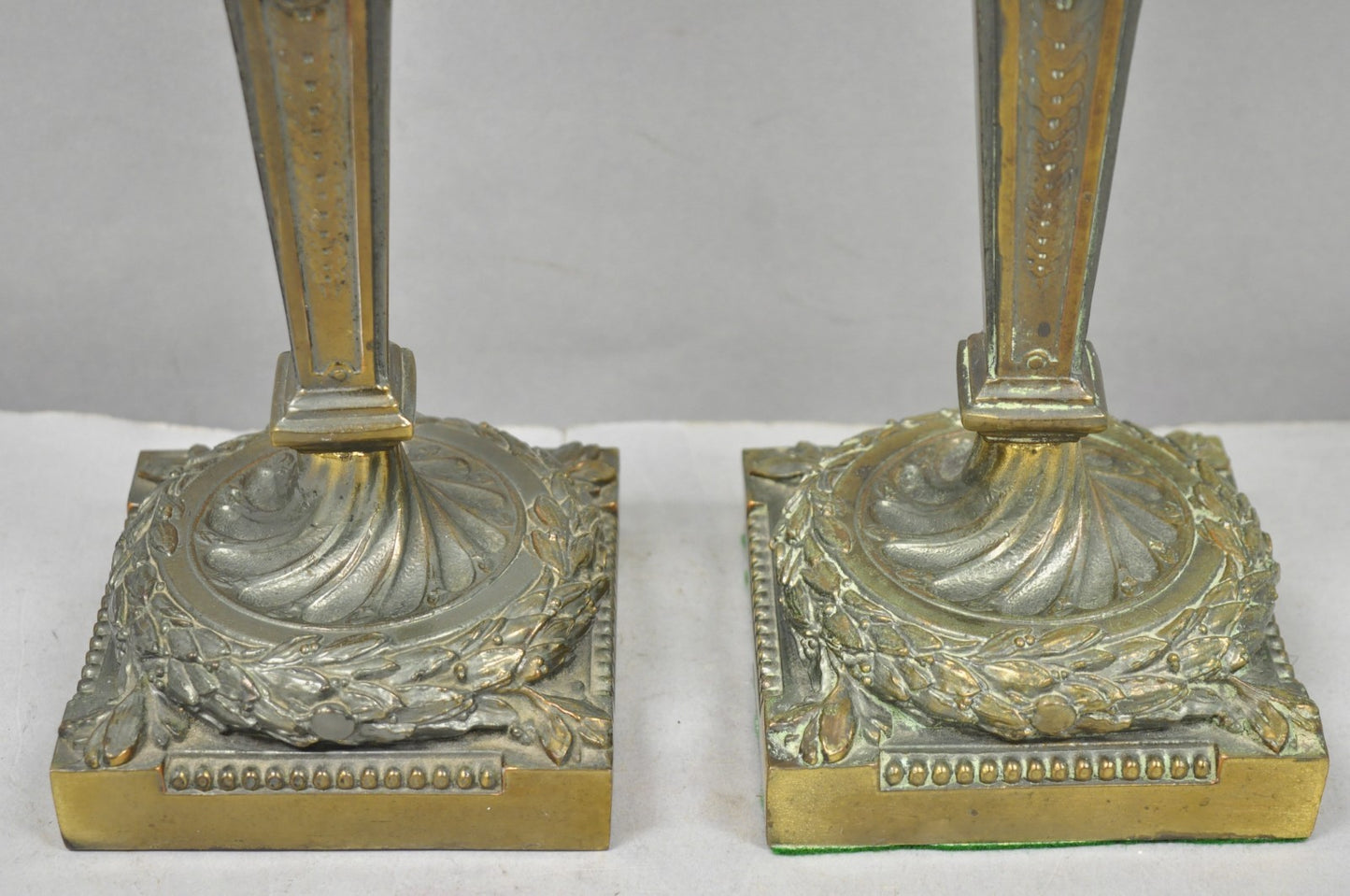 Vintage French Renaissance Brass Cherub Putti Column Cream Glass Table Lamp Pair
