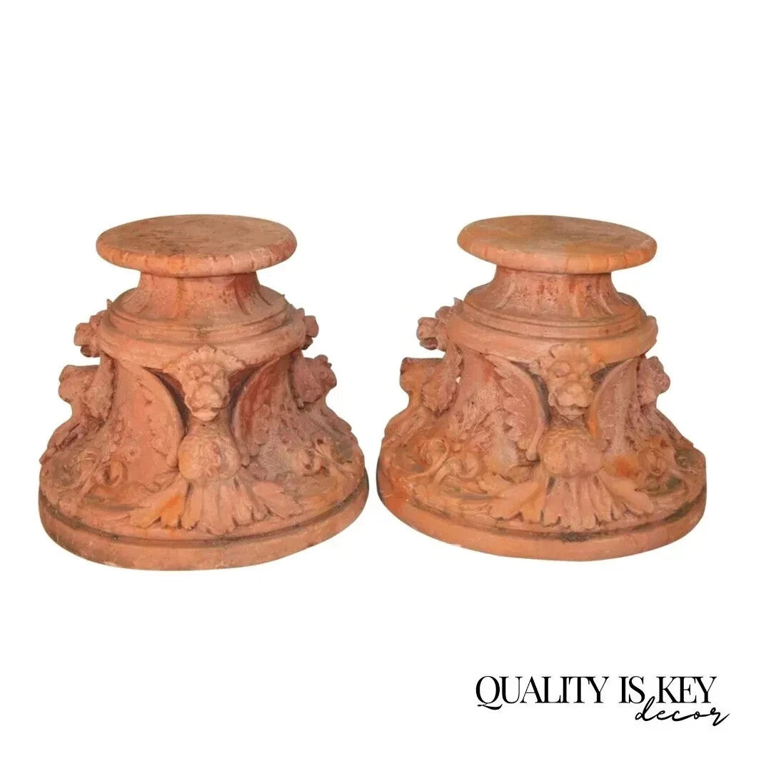 Vintage Gothic Winged Griffin Fiberglass Faux Terracotta Garden Pedestal - Pair