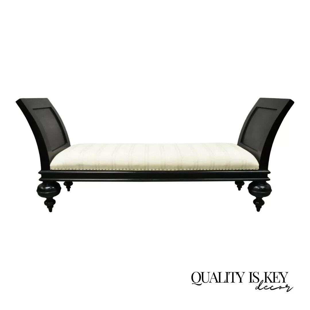 20th C. Hollywood Regency Italian Style Large Black Bun Feet Wooden Window Bench