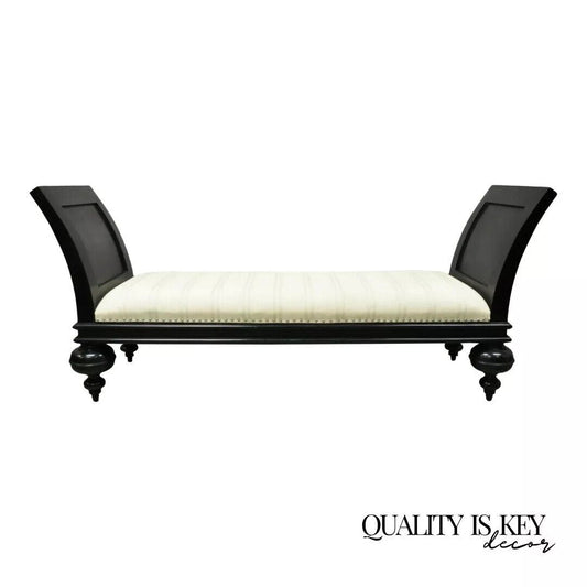 20th C. Hollywood Regency Italian Style Large Black Bun Feet Wooden Window Bench