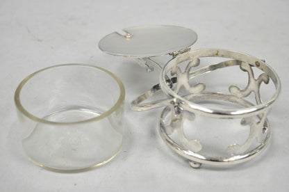 Vintage Art Deco Style Silver Plated Hinged Glass Grated Cheese Jar Sugar Bowl