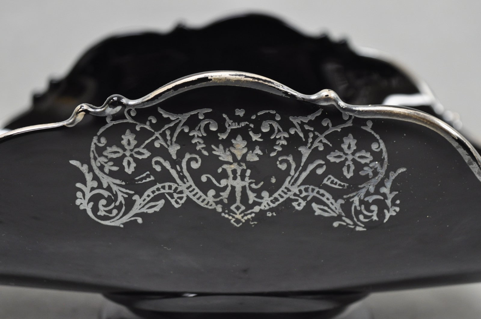Vintage Rockwell Black Amethyst Glass Sterling Silver Overlay Centerpiece Dish