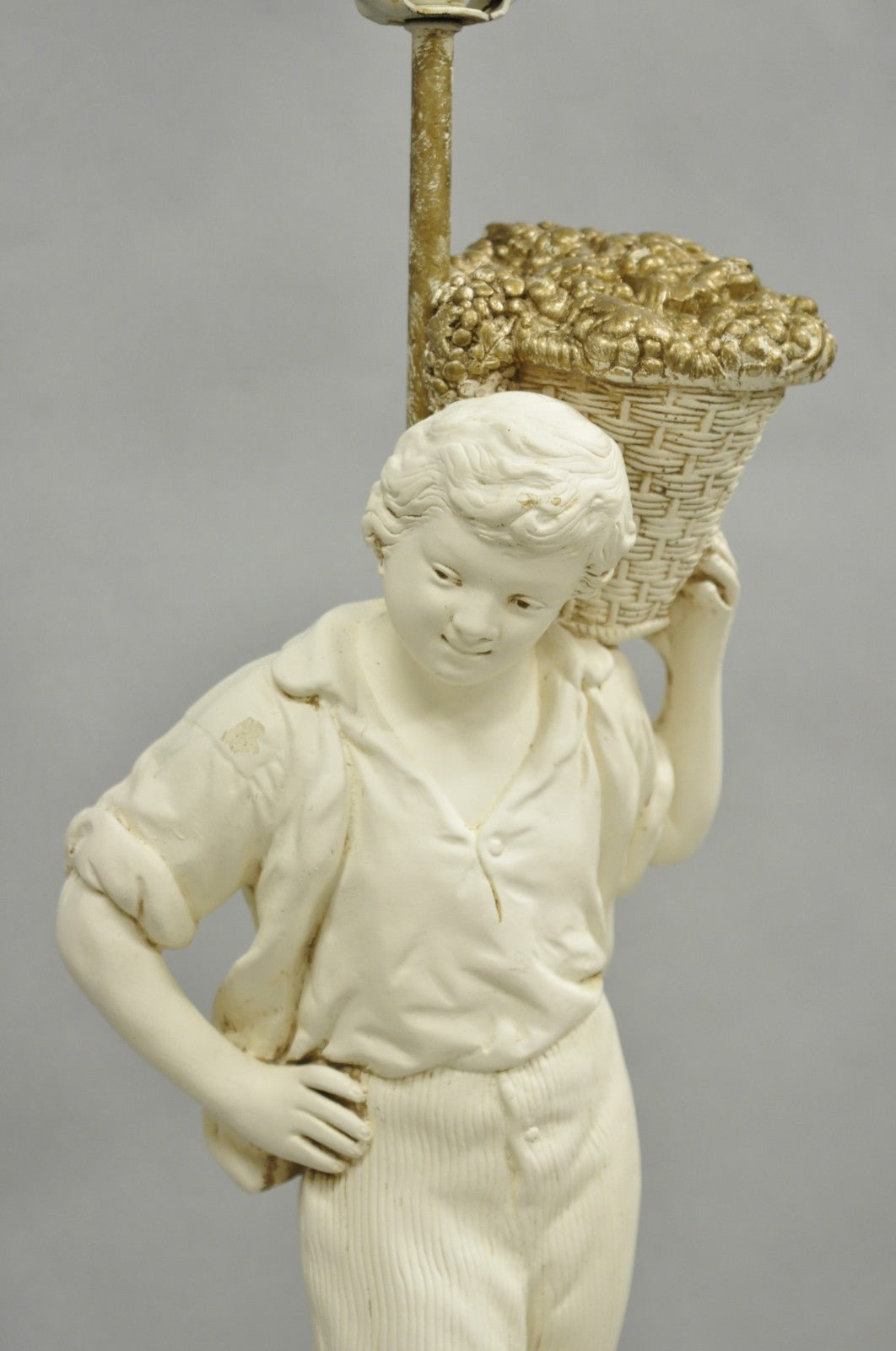 Vintage French Style White Painted Metal Figural Boy w Flower Basket Table Lamp