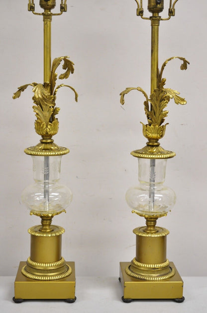 Vintage French Louis XV Style Brass & Crystal Urn Table Lamps - a Pair