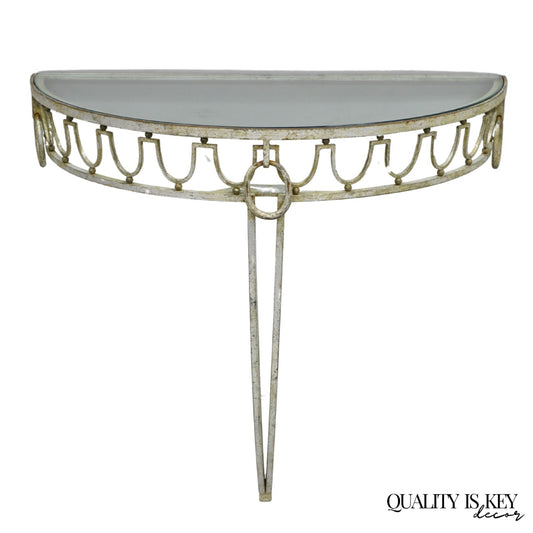 Italian Neoclassical Hollywood Regency Silver Gilt Iron Wall Mount Console Table