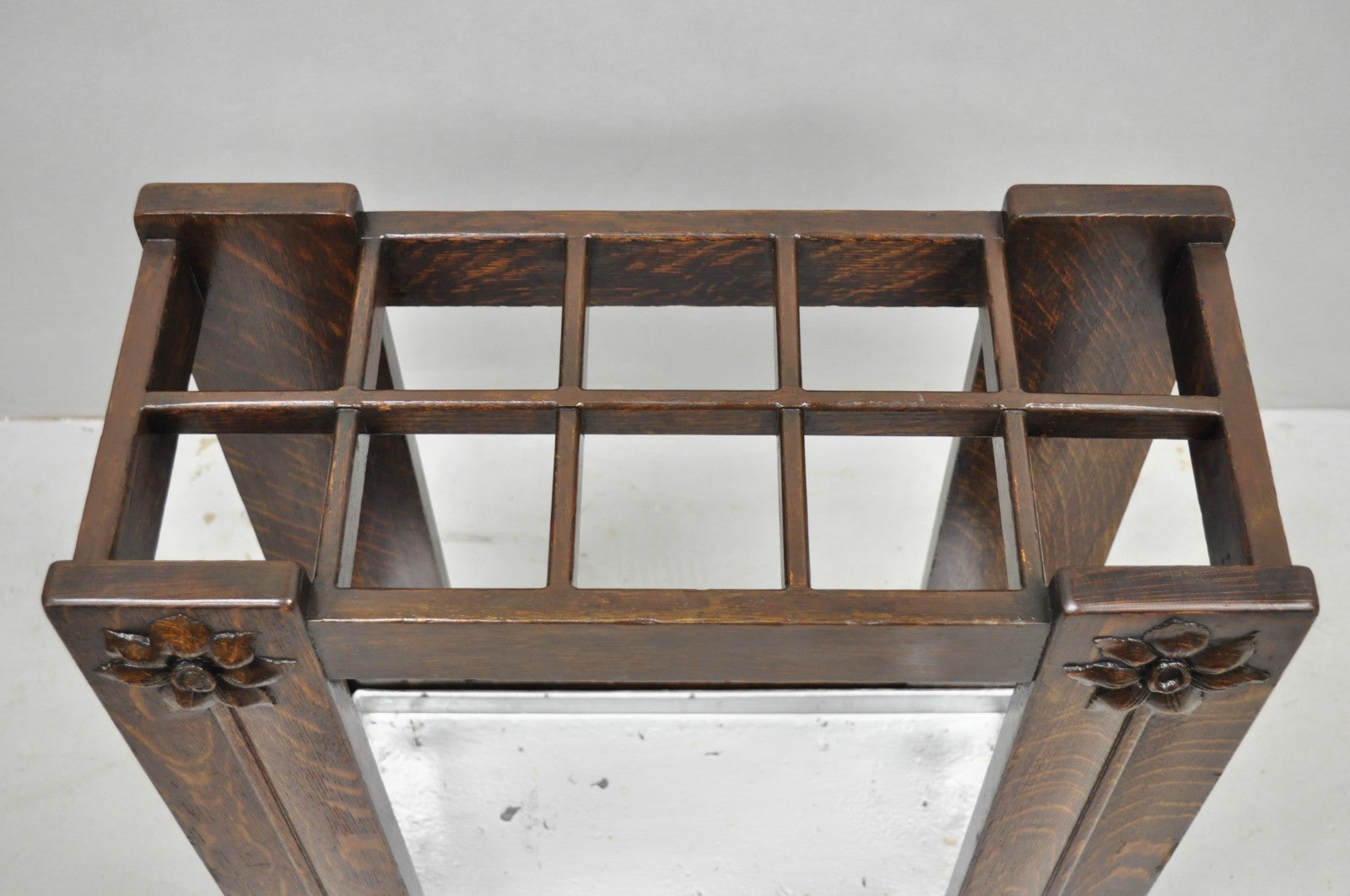 Antique Arts & Crafts Oak Wood Relief Carved Flower Umbrella Stand by MI Chair