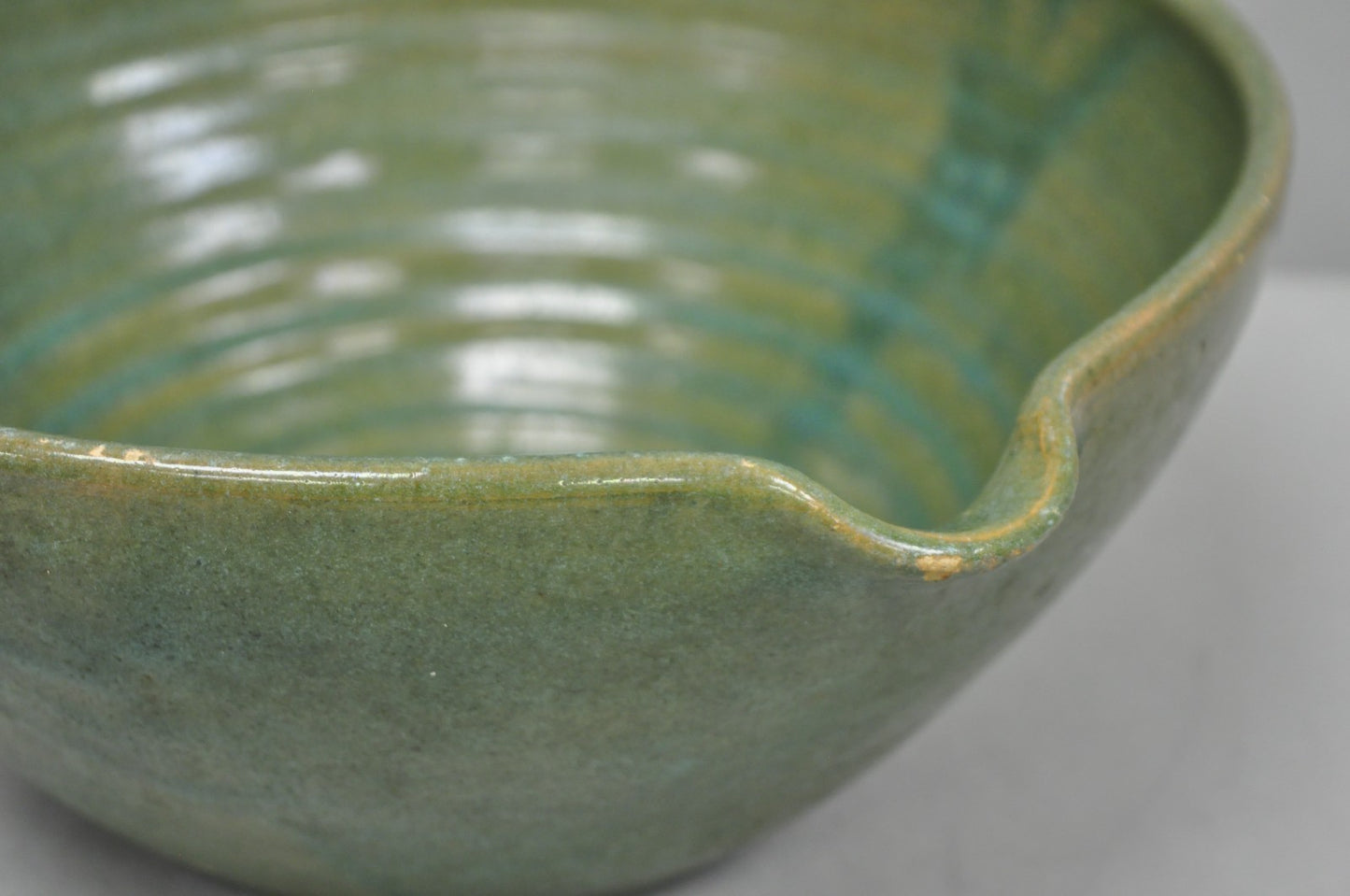 Vintage Primitive Green Glazed Ceramic Pottery Large Mixing Bowl w Handle