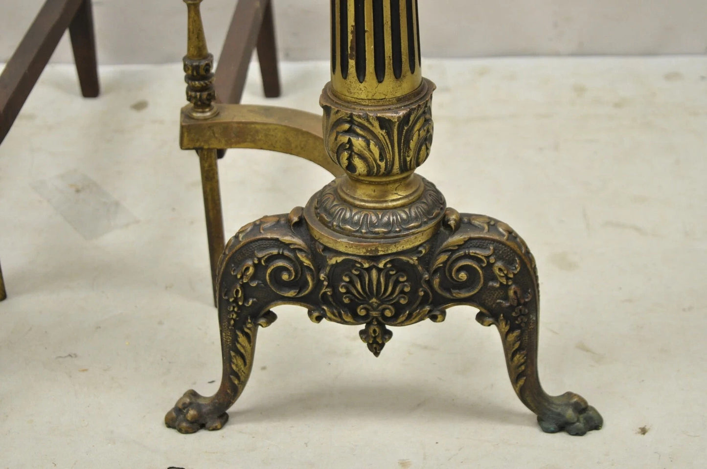 Antique French Empire Style Bronze Column Flame Finial Fireplace Andirons - Pair