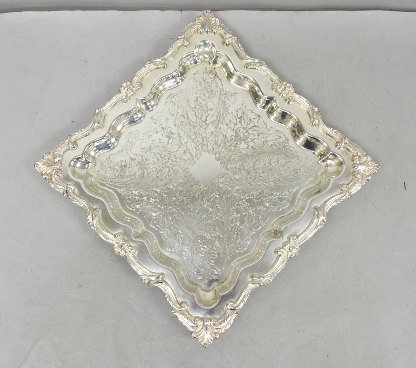 Vintage English Silver Mfg. Silver Plated Ornate Square Bar Serving Platter Tray