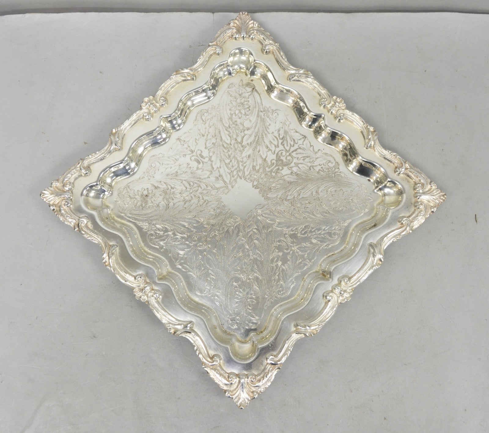 Vintage English Silver Mfg. Silver Plated Ornate Square Bar Serving Platter Tray