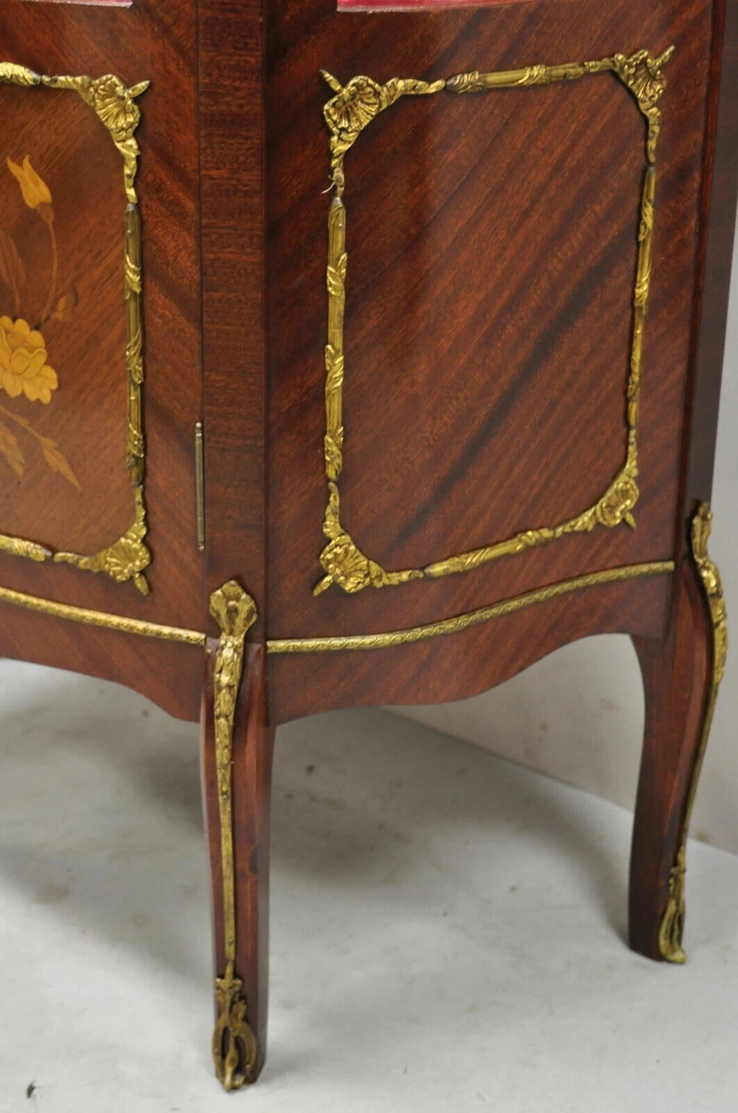 Vintage French Louis XV Style Small Bowed Glass Inlaid Curio Display Cabinet
