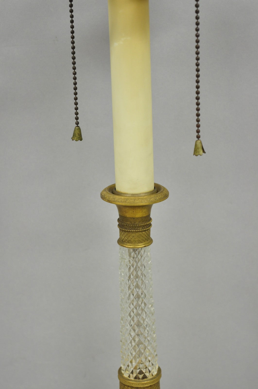 Antique French Empire Gilt Bronze Crystal Column Small Candlestick Table Lamp
