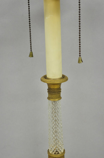 Antique French Empire Gilt Bronze Crystal Column Small Candlestick Table Lamp