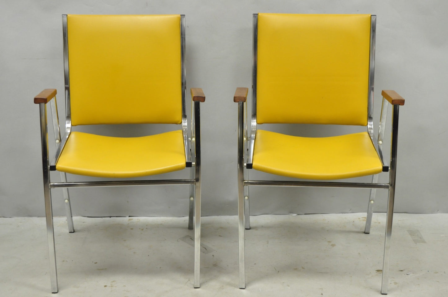 Vintage Nightingale Mid Century Modern Chrome & Yellow Vinyl Stacking Chair Pair