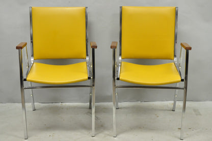 Vintage Nightingale Mid Century Modern Chrome & Yellow Vinyl Stacking Chair Pair