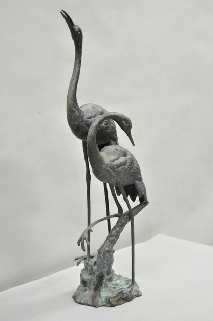 Vintage Chinoiserie "Courting Crane Couple" Green Bronze Verdigris 28" Sculpture
