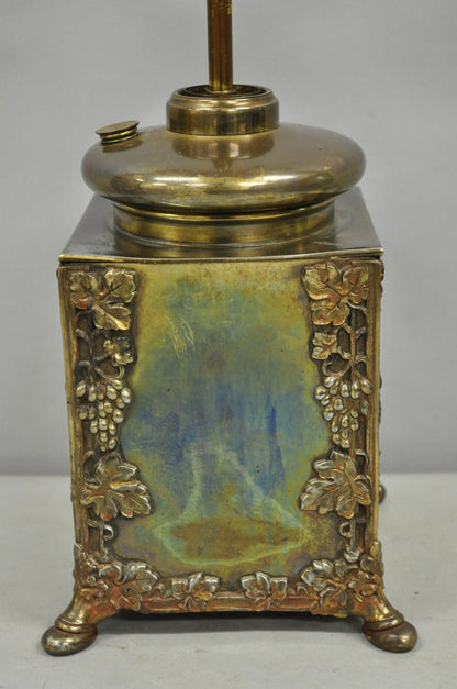 Antique French Art Nouveau Brass Maple Leaf Converted Oil Lamp Table Lamp