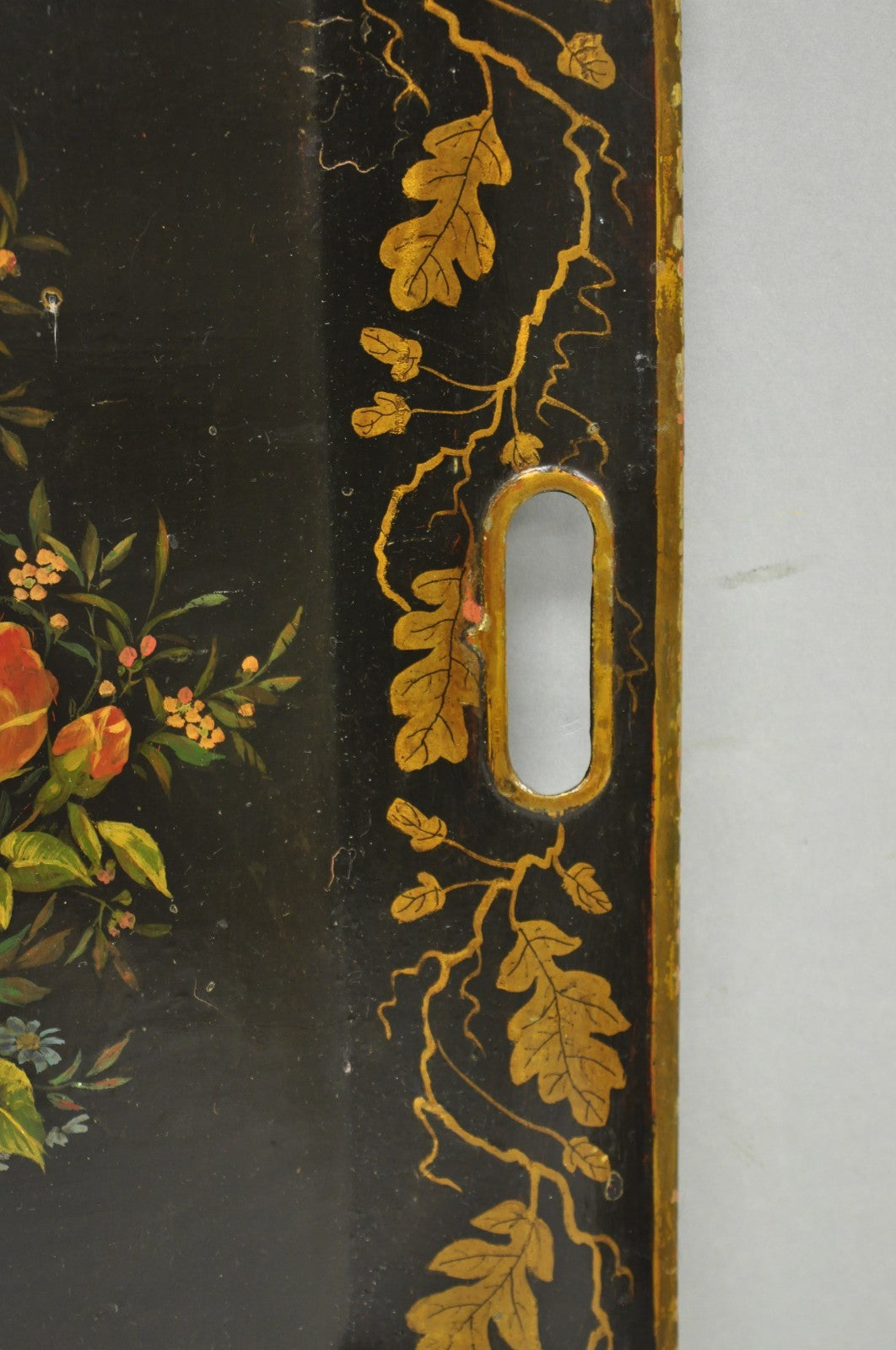 Antique French Country Tole Metal Hand Painted Floral Large Serving Platter Tray