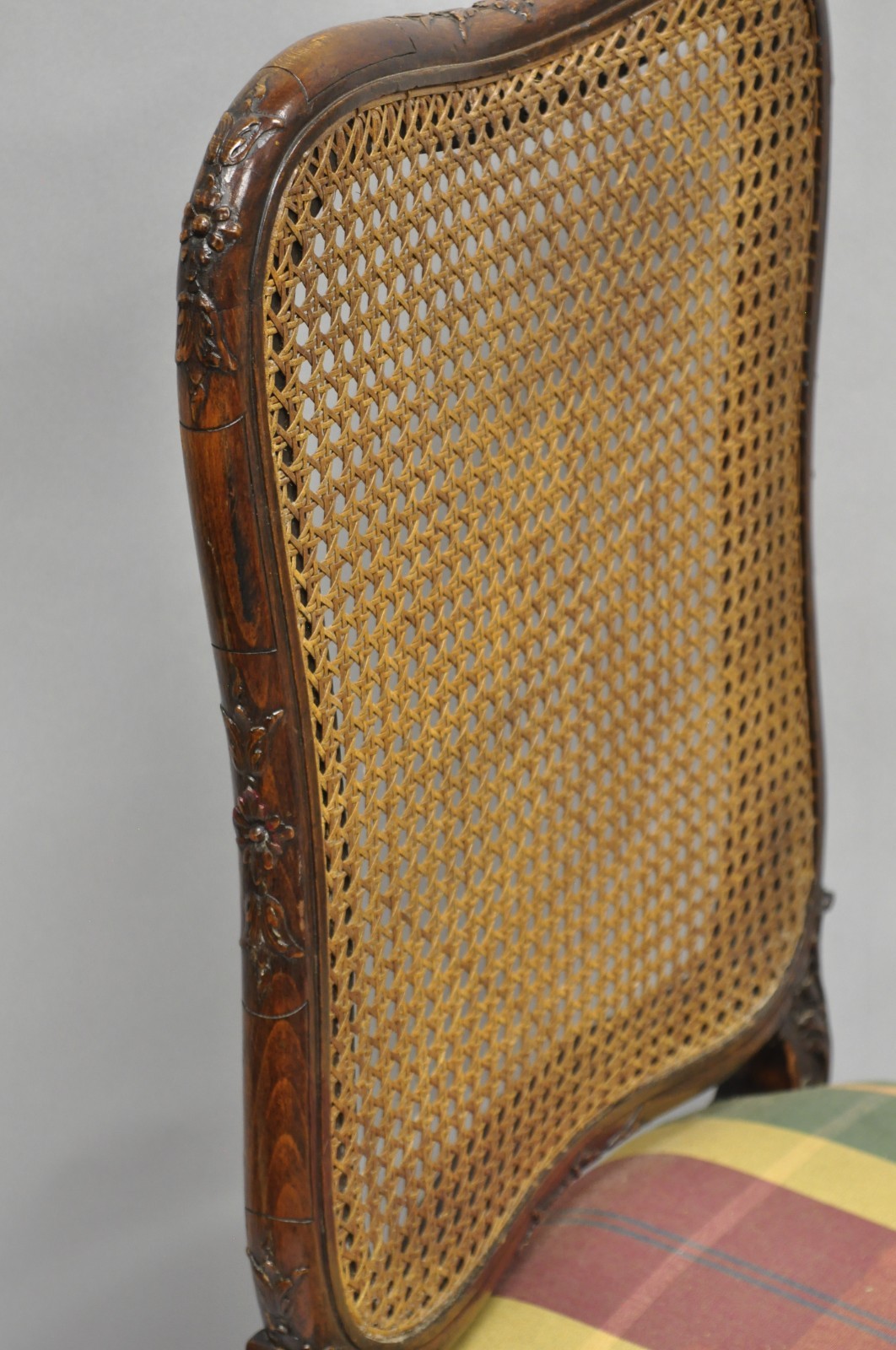 Antique French Country Louis XV Carved Walnut Cane Back Side Chairs - a Pair