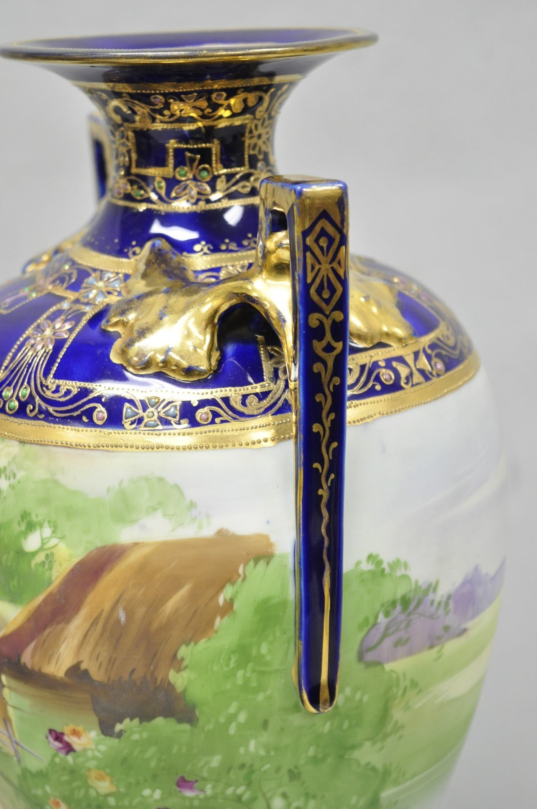 Antique Nippon Hand Painted Cobalt Blue Porcelain Twin Handle Bolted Urn Vase