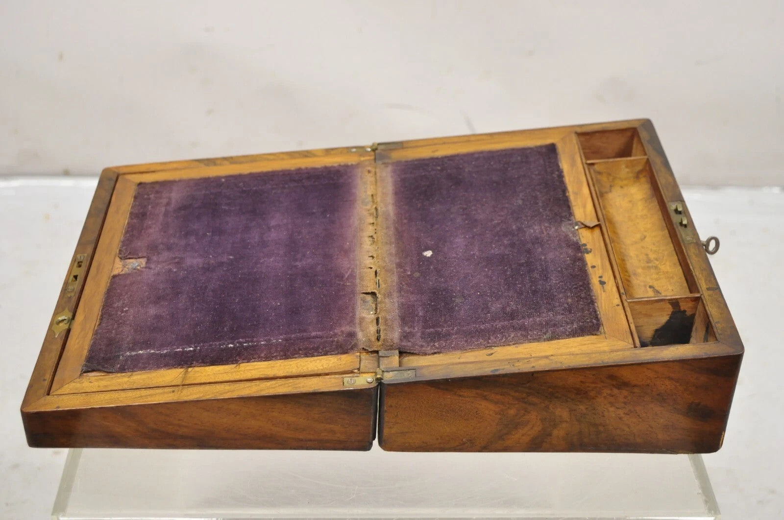 Antique English Victorian Burl Walnut Small Lap Desk Box with Fitted Interior