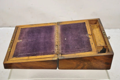 Antique English Victorian Burl Walnut Small Lap Desk Box with Fitted Interior