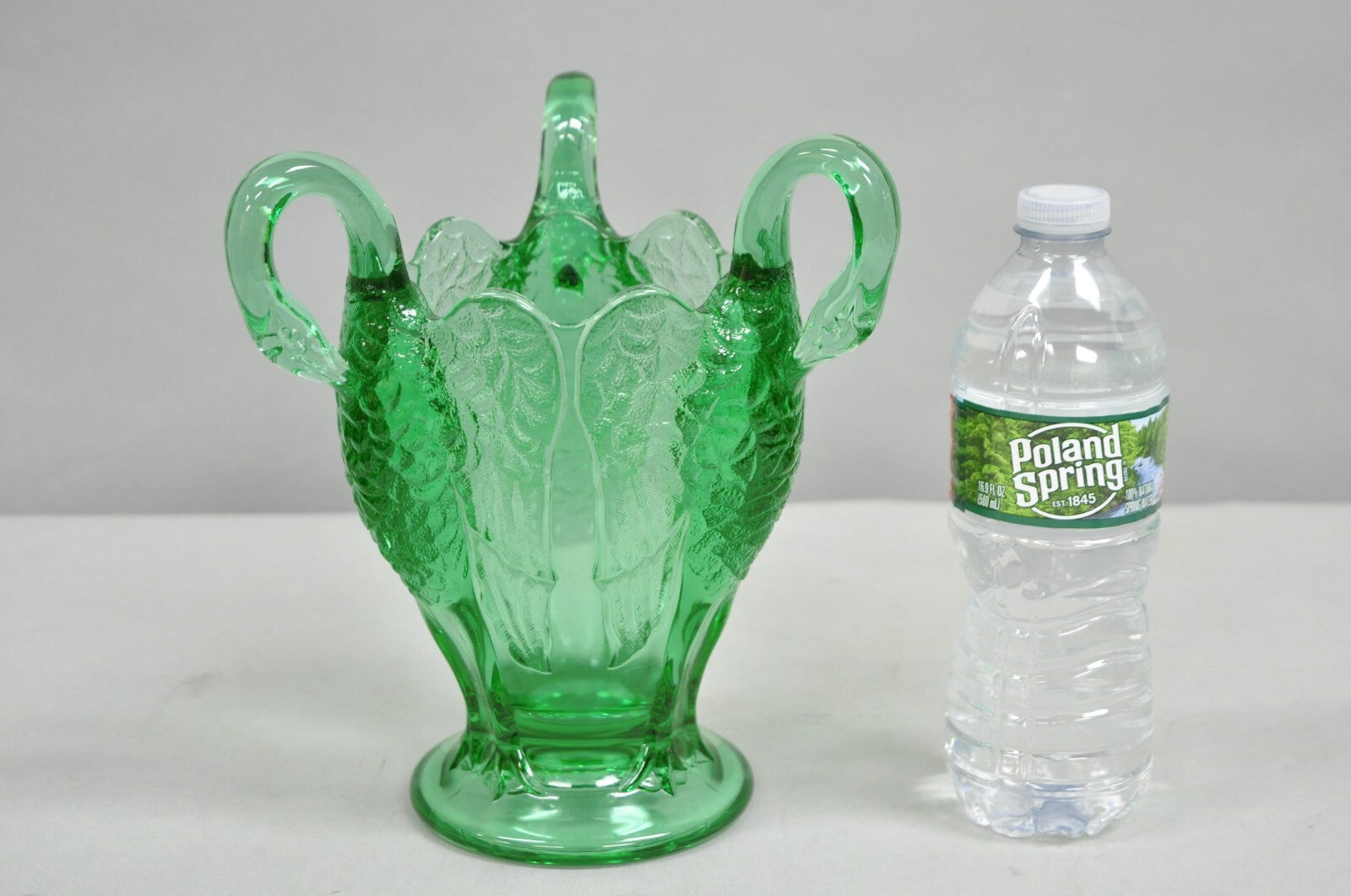 Vintage Imperial Glass Co. Carnival Glass Emerald Green 3 Headed Swan Crane Vase