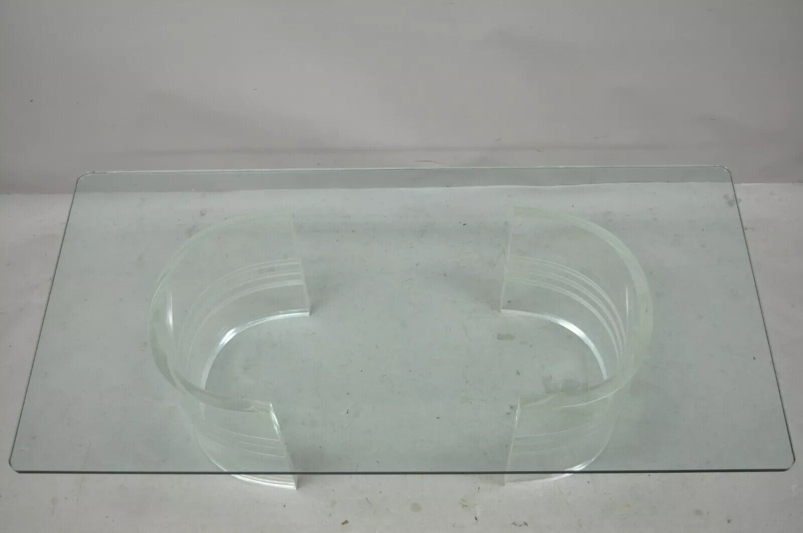 Mid Century Modern Curved Lucite Double Pedestal Rectangular Glass Coffee Table