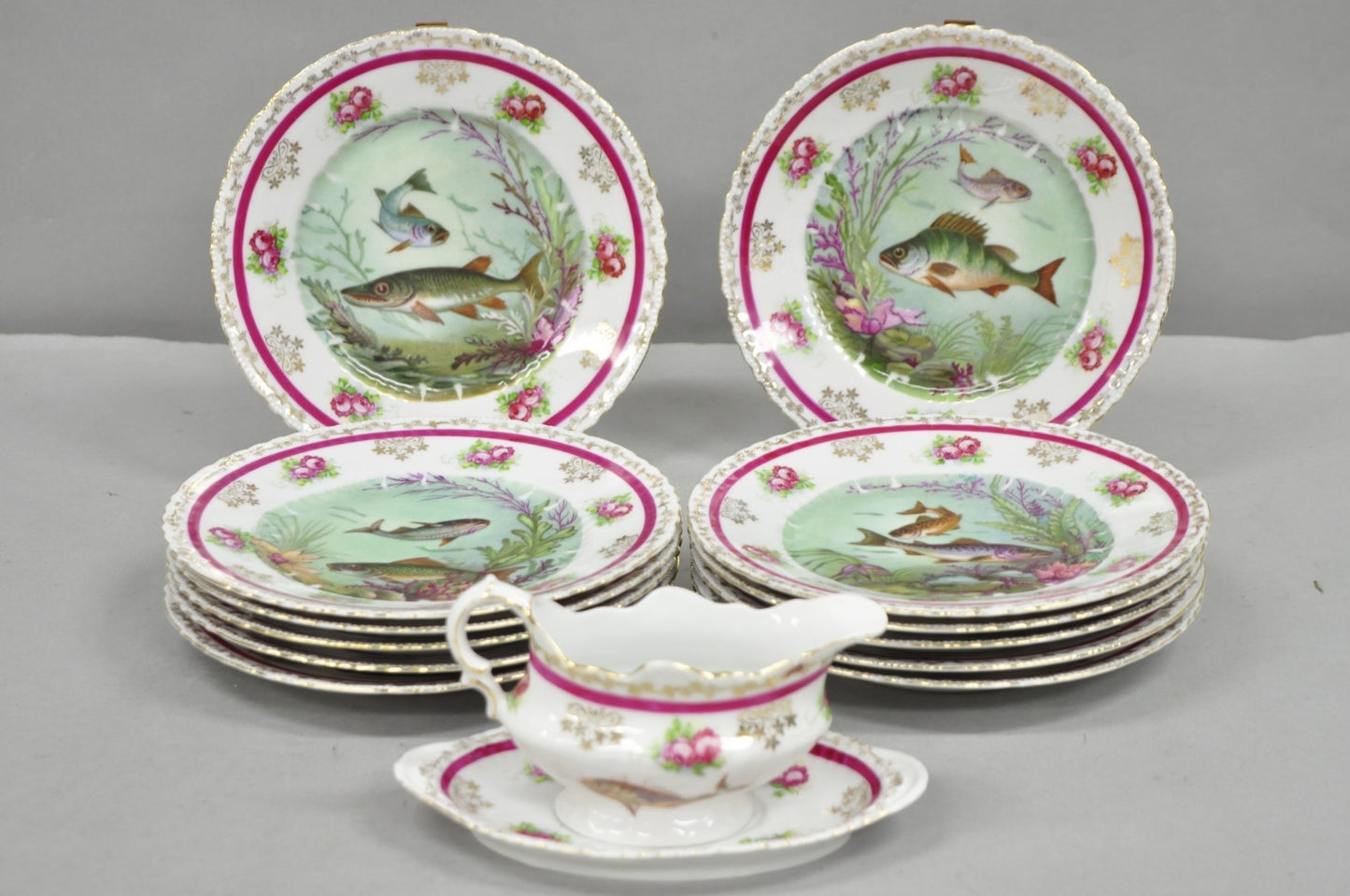 (12) Victoria Carlsbad Austria 8 3/8" Porcelain Fish Plates & Gravy Sauce Boat