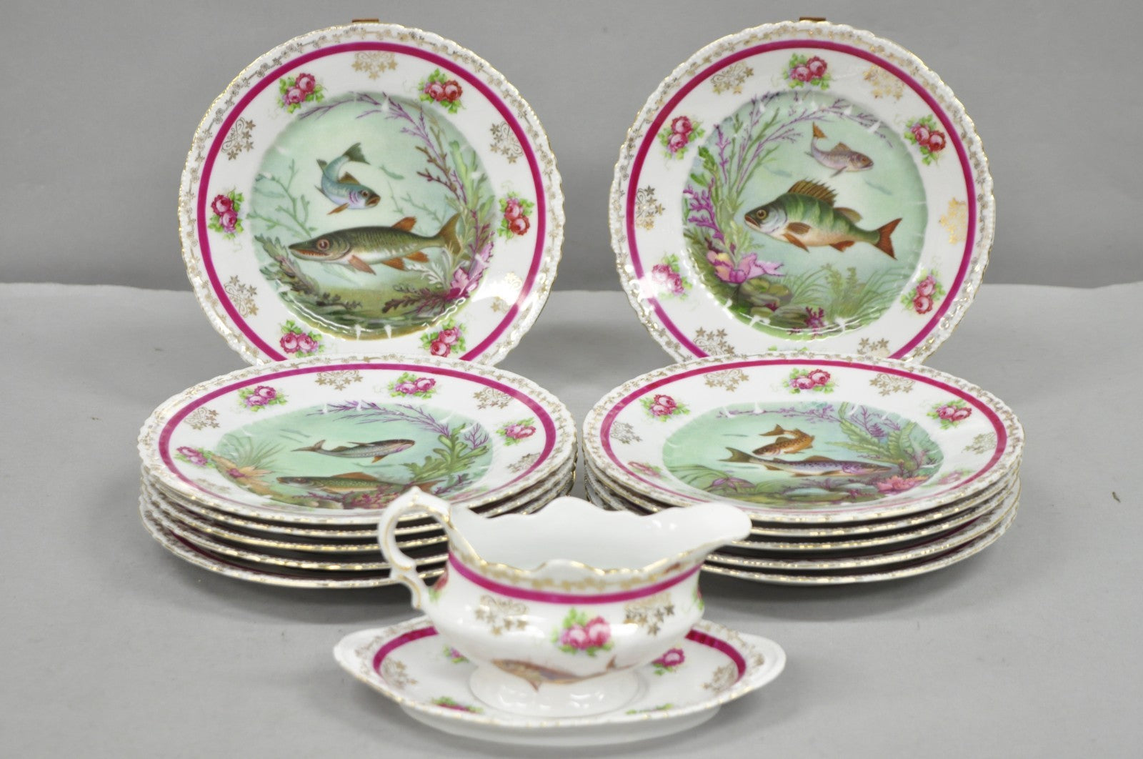 (12) Victoria Carlsbad Austria 8 3/8" Porcelain Fish Plates & Gravy Sauce Boat