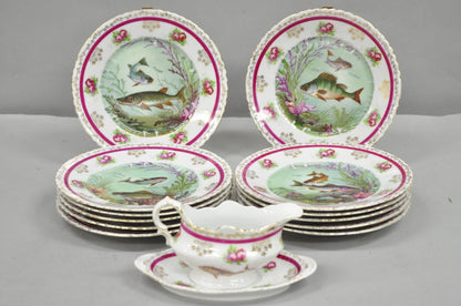 (12) Victoria Carlsbad Austria 8 3/8" Porcelain Fish Plates & Gravy Sauce Boat