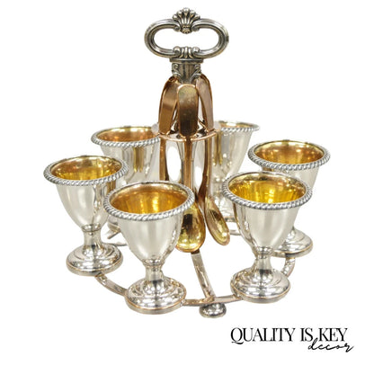 Antique English Victorian Silver Plated Egg Server w/ Spoon Set - Service for 6